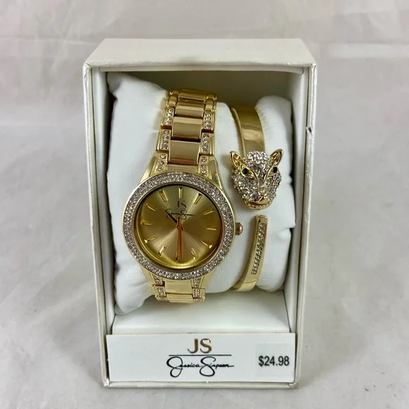 Jessica Simpson Gold Tone Watch Crystal Lion Head Hinged Bangle Bracelet Set NEW - Picture 6 of 15